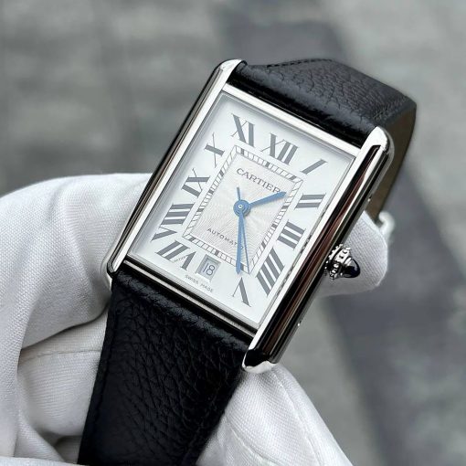 CARTIER Tank Must XL Automatic Steel Black Leather Silver Dial WSTA0040