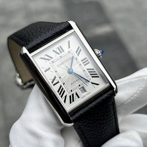 CARTIER Tank Must XL Automatic Steel Black Leather Silver Dial WSTA0040