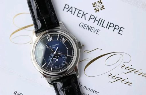 PATEK PHILIPPE  Complications Moon Phases Annual Calendar Automatic Blue Sunburst Dial Men’s Watch Item No. 5205G-013